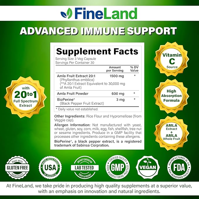 FineLand Amla (Indian Gooseberry) Full Spectrum Extract with BioPerine® for Absorption Rich in Natural Vitamin C Immune &amp Digestive Support – 90 Vegan Capsules