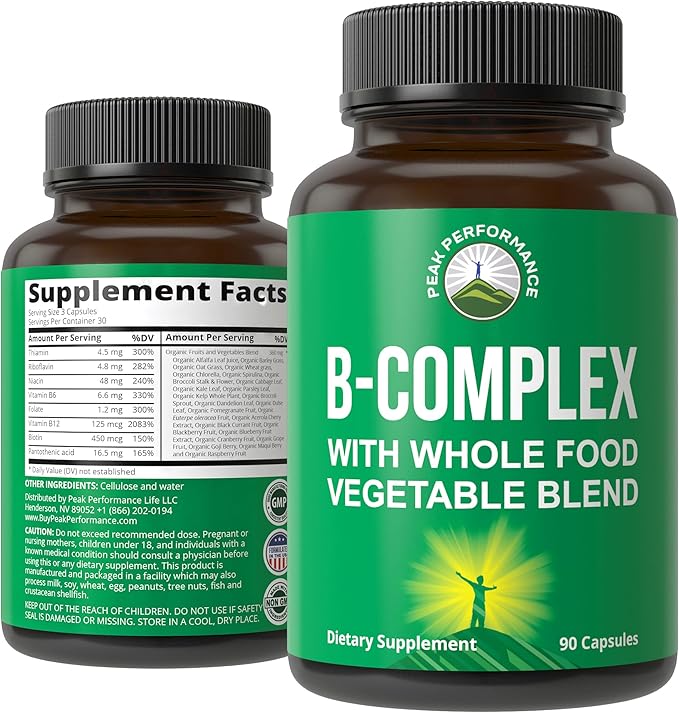 Vitamin B Complex Capsules + Whole Food Blend of 25 Vegetables and Fruits for Max Absorption. Best Vegan B-Complex Supplement with Vitamin B1 B2 B3 B5 B6 B7 B9 and B12. 90 Capsules. Energy Boost