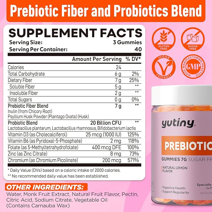 Fiber Gummies for Women 7g High Prebiotic Fiber Supplement with Inulin Psyllium Husk Probiotics Folate Chromium Digestive Health &amp Regularity Vegan Sugar Free 120 Chews