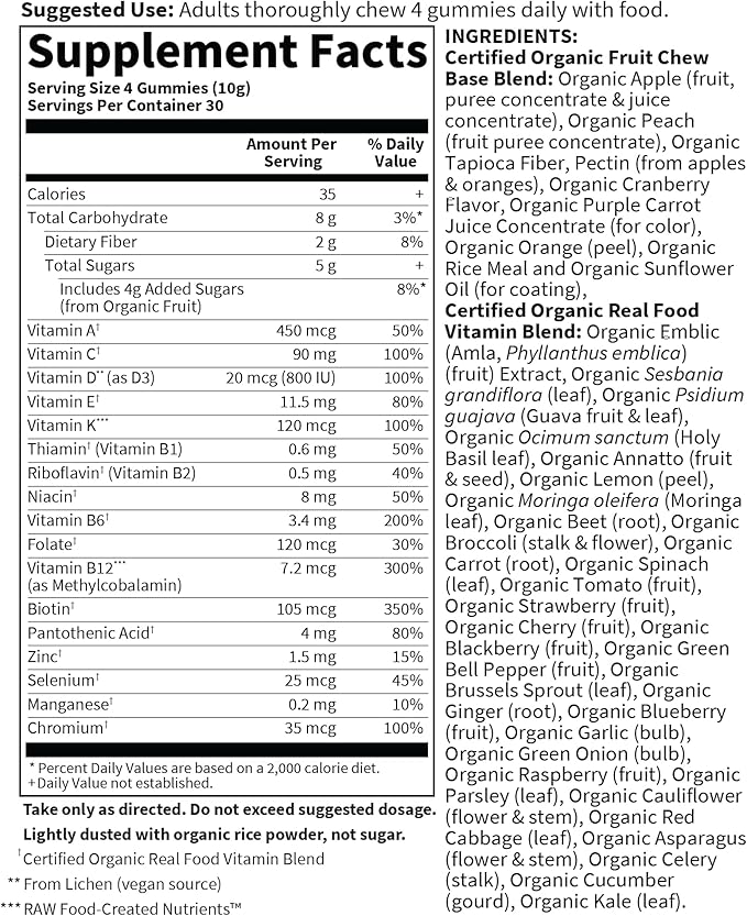Garden of Life Organics Men's Gummy Vitamins - Berry - Certified OrganicNon-GMOVeganKosher Complete Multi - Methyl B12C &amp D3 - GlutenSoy &amp Dairy Free120 Real Fruit Chew Gummies(Pack of