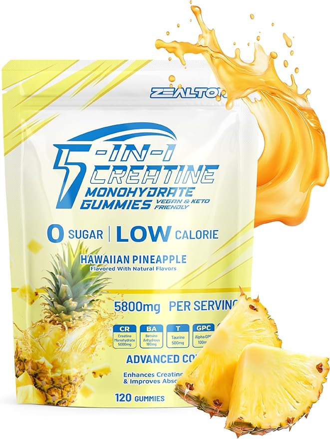 Creatine Monohydrate Gummies 5800mg with Betaine &amp Alpha GPC | 0 Sugar | Pre Workout Energy Booster for Men &amp Women | Muscle Growth &amp Boost Strength &amp Faster Recovery | (120 Pineapple