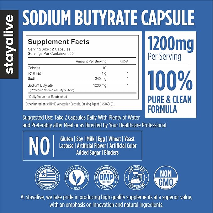 STAY ALIVE Sodium Butyrate Supplement 1200mg Pure Butyric Acid Postbiotic 120 Count 2 Month Supply Non-GMO and Gluten-Free Butyrate Powder Capsules