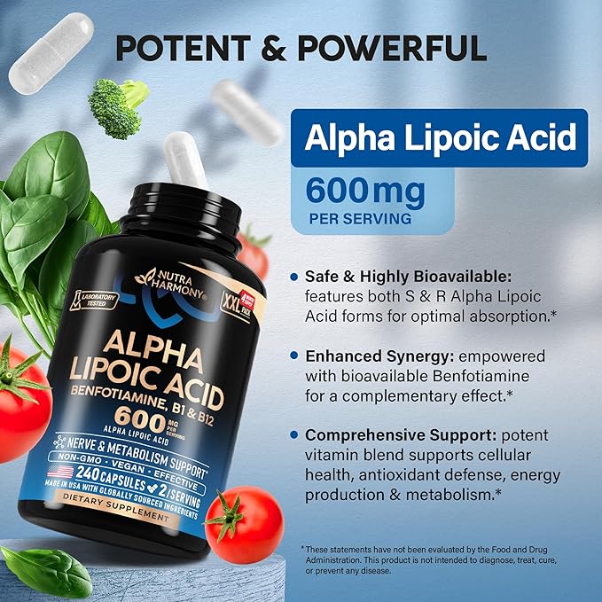 Alpha Lipoic Acid 600mg - ALA Supplement Antioxidant for Nerve Energy &amp Metabolism Support - Extra Strength with Benfotiamine B1 &amp B12 - Lab Tested NON-GMO &amp Vegan - 240 Capsules 4 Mon