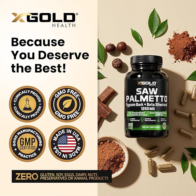 X Gold Health Saw Palmetto Prostate Supplement for Men | Pygeum Bark | Beta Sitosterol Supplement | Potent 3X Formula | Urinary Function Prostate | DHT Blocker Hair Growth| 4 Month Supply Made in USA