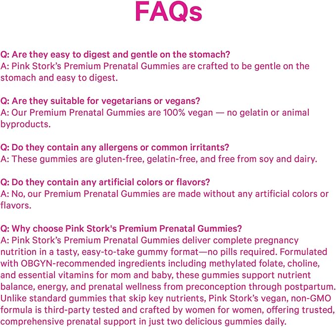 Pink Stork Premium Prenatal Gummy Vitamins with DHA Folate and Vitamin D - Multivitamin for Neural Tube and Fetal Brain Development - 60 Vegan Gummies for Morning Sickness Support