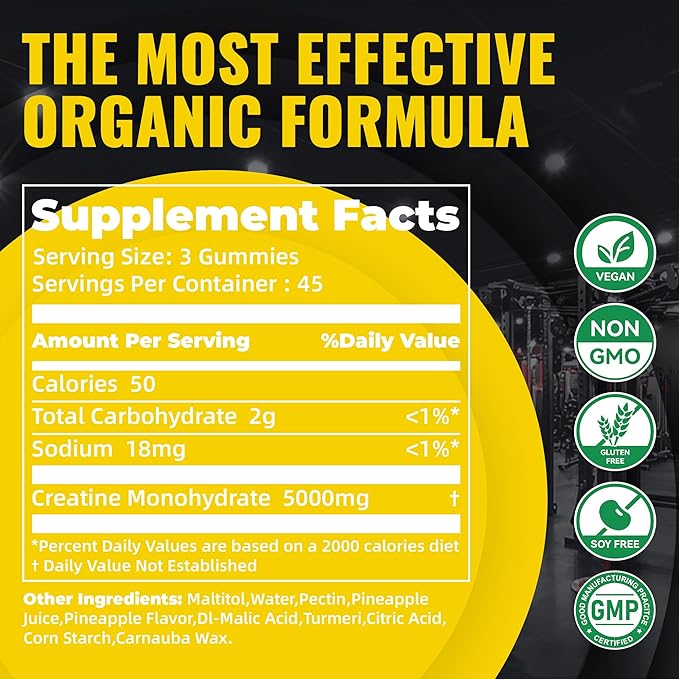 Natures Aid NSF Certified Creatine Gummy 5g - Creatine Monohydrate Gummies – Pre-Workout Energy &amp Muscle Growth Support for Men &amp Women | Pineapple Electrolyte Gummies (135 Count)
