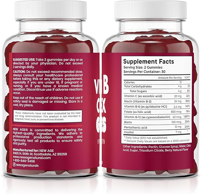 NEW AGE Vitamin B Complex Gummies with Vitamin B3 B6 &amp B12 – with Biotin Folic Acid &amp Vitamin C – Gluten-Free Vegan Made in The USA! (120 Count (Pack of 2))