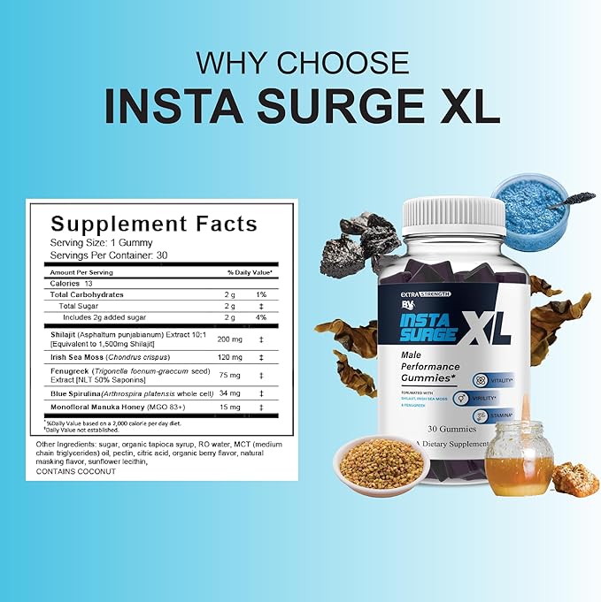 BLUE VIBE Insta Surge XL Performance Gummies InstaSurgeXL Advanced Overall Health and Daily Natural Performance Formula Supplement InstaSurge XL Maximum Support (3 Pack - 90 Gummies)