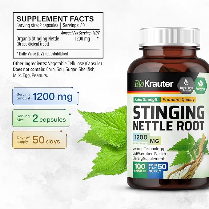 BIO KRAUTER® Stinging Nettle for Seasonal Support - Stinging Nettle Root Supplement (Urtica Dioica) 1200 mg for Urinary Tract Support &amp Daily Wellness - 100 Capsules 50 Days of Supply Non-GMO
