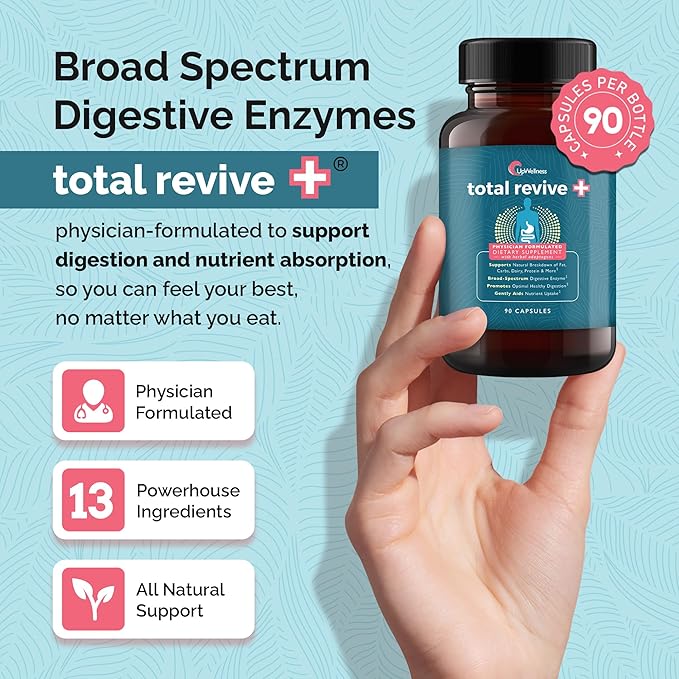 UpWellness Total Revive+ Digestive Enzymes - Broad-Spectrum Enzymes for Digestive Health - Supports Gut Health and Nutrient Absorption - Physician Formulated - 90 Capsules