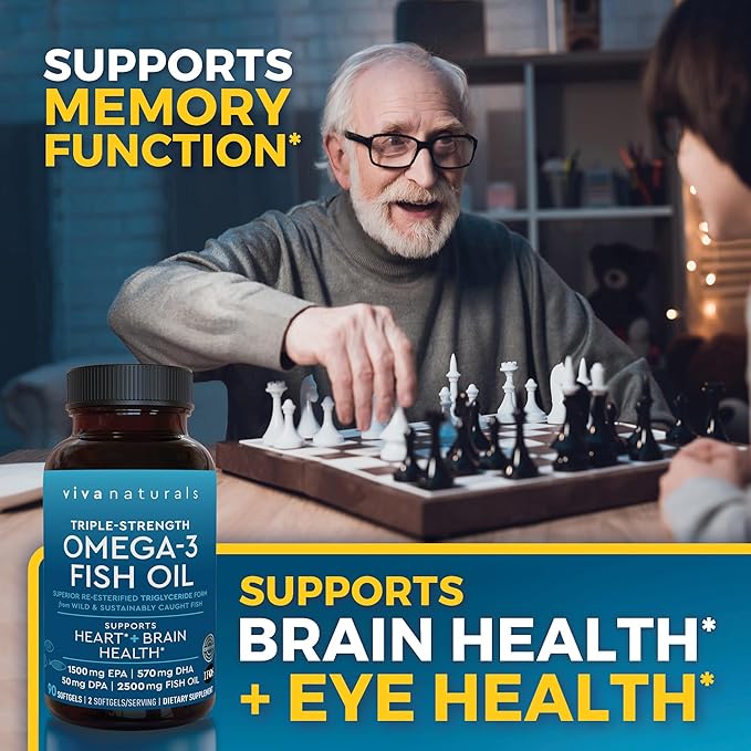 Viva Naturals Triple Strength Omega 3 Fish Oil Pills – 2500 mg High-Potency Formula with 2250 mg Omega 3 Fatty Acids (Including EPA DHA DPA) in rTG Form for Absorption – IFOS Certified 90 Softgels