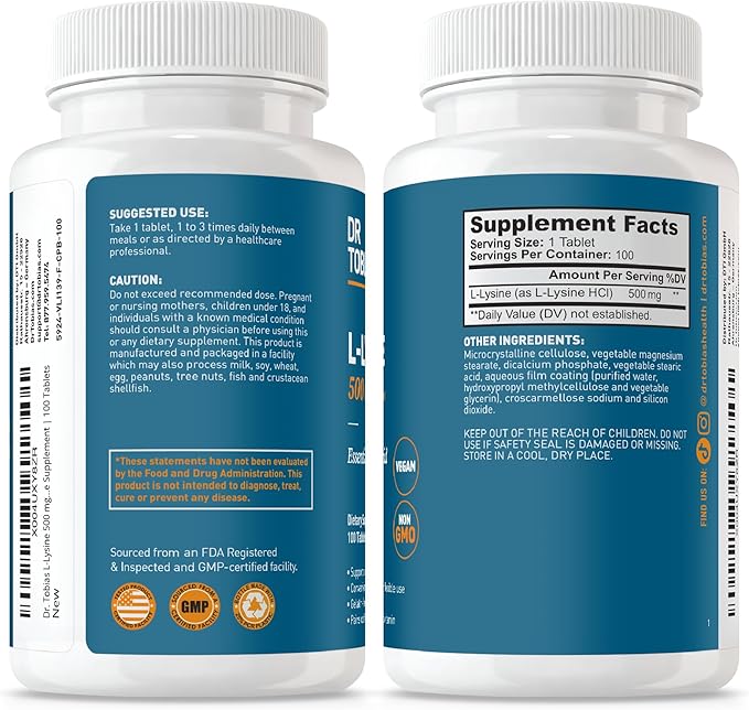 Dr. Tobias L‑Lysine 500 mg Tablets + Probiotics 30 Billion CFU (10 Strains) – Essential Amino Acid for Skin Health + Shelf‑Stable Daily Probiotic for Gut Flora &amp Digestive Wellness