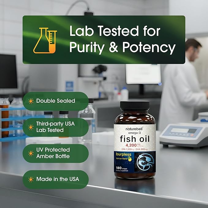 NatureBell Omega-3 Fish Oil - 180 Softgels - Support for Joint Brain &amp Heart Health* - with EPA &amp DHA - No Burps or Fishy Aftertaste - Non-GMO &amp Mercury-Free Formula - Lemon Flavor