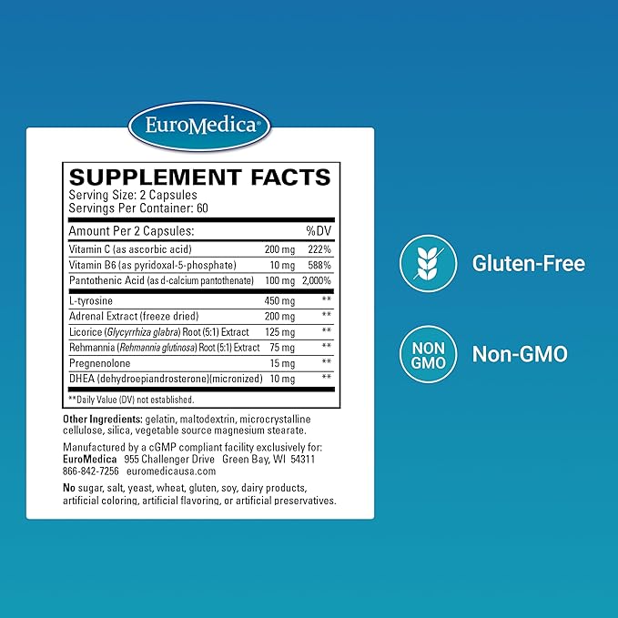 EuroMedica Adrenaplex - Adrenal Gland Function Supplement - Glandular Support Supplement with Vitamins C &amp B6 - Supports Healthy Adrenal Function - Keep Out of Reach of Children - 120 Capsules