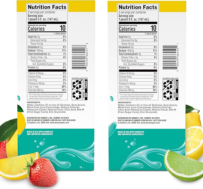 Zarbee’s Triple Action Hydration Electrolyte Drink for Kids Low Sugar with Prebiotics &amp Zinc Mild to Moderate Dehydration Strawberry Lemonade &amp Lemon Lime 12 x 5 fl oz Pouches