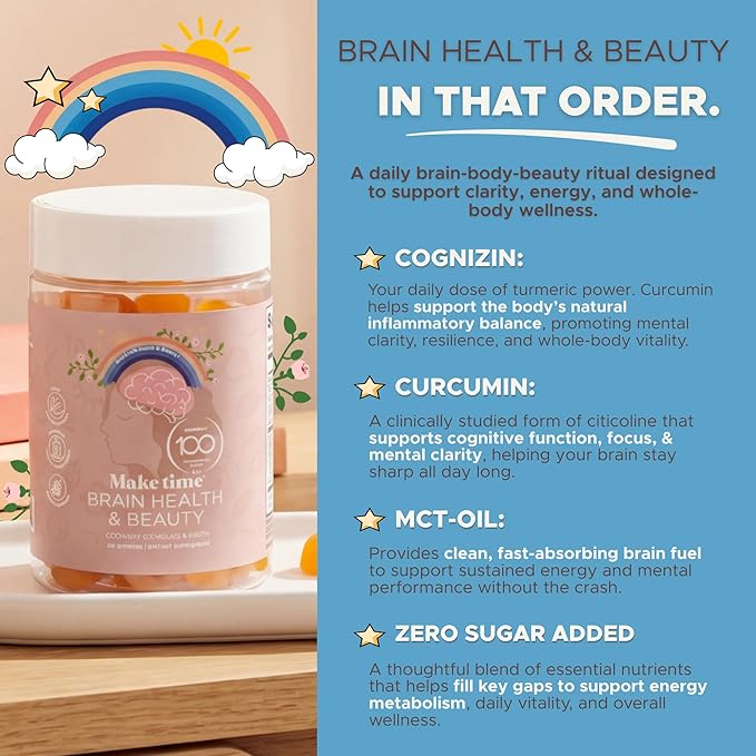 MAKE TIME Brain &amp Beauty Gummies – Cognitive Support with Cognizin Citicoline &amp Biotin for Focus Clarity &amp Radiant Hair Skin &amp Nails – Sugar-Free Delicious Blueberry Flavor (60 Gum