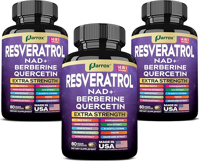 Resveratrol Supplement with Milk Thistle NAD Berberine Quercetin Fisetin Pomegranate Green Tea Noni Acai Blueberry Grape Seed Extracts N-Acetyl Cysteine 14-in-1 Extra Strength (180 Caps)