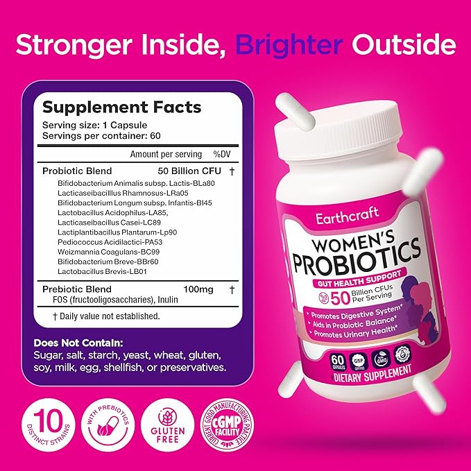 Probiotics for Women 50 Billion CFU – 10 Strains + Prebiotics for Vaginal Health Digestive Gut PH Balance and Immune Health – Delayed Release Capsules Non-GMO Vegan Support Nutrient Absorption