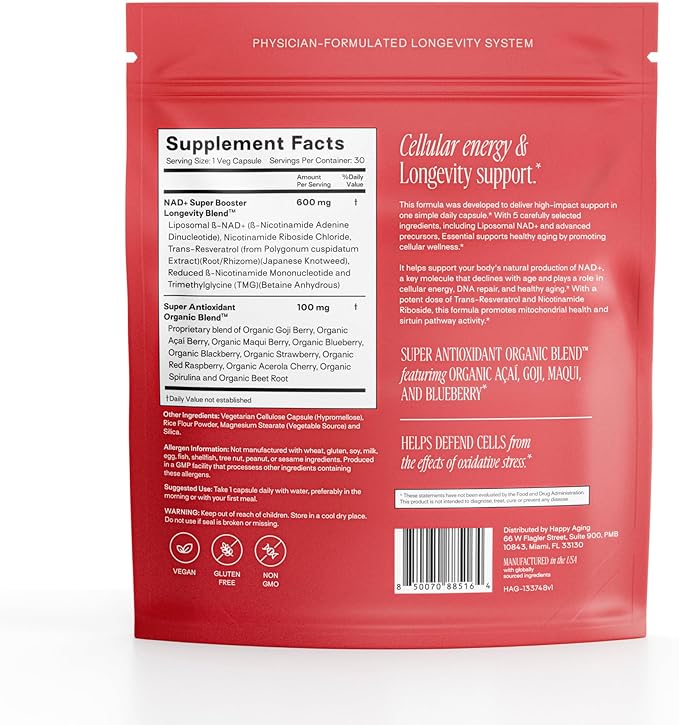 Happy Aging Essential Longevity Formula NAD+ Super Booster with NR NMNH &amp Liposomal β-NAD+ Organic Antioxidant Superfruit Blend for Cellular Energy Skin Hydration &amp Daily Vitality 30 Caps