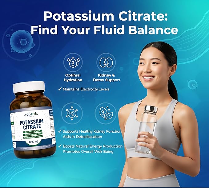 Wellotrix Potassium Citrate 1600 mg – 120 Vegan Capsules – Electrolyte Balance Kidney Support Urinary pH Health – Non-GMO Gluten-Free Made in USA – Vegan Formula