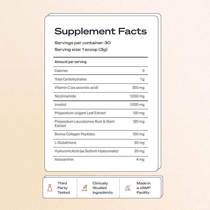 The First 3-in-1 Drinkable Skincare by World-Class Dermatologist &amp Skin Surgeon Regenerative Formula Nicotinamide Collagen Peptides Astaxanthin Glutathione (30 Servings Unflavored)