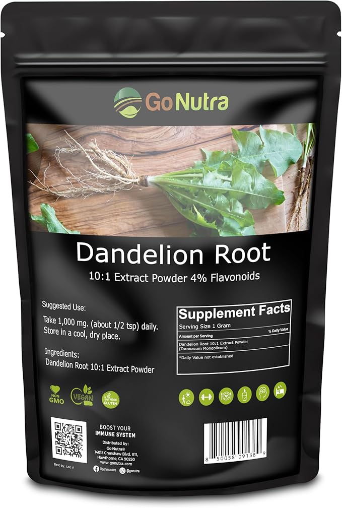 Go Nutra Dandelion Root Powder for Tea Coffee &amp Beverages | Concentrated 10:1 Dandelion Root Extract Powder Caffeine Free | No Added Ingredients | Non-GMO Vegan | 16 oz (1 lb)
