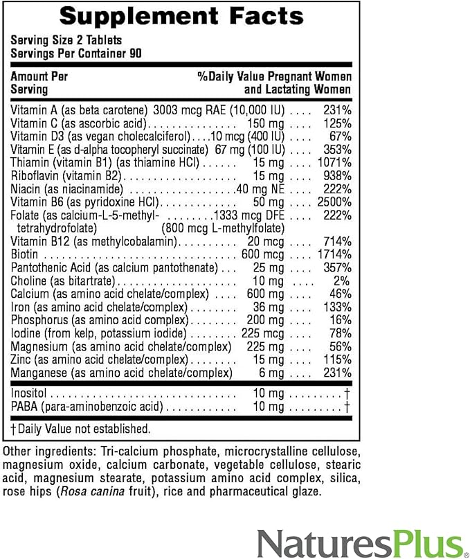 NaturesPlus Ultra Prenatal Multivitamin - 800 mcg Folate 180 Vegetarian Tablets - Prenatal Supplement with Iron Iodine Calcium &amp B-Complex Vitamins - Gluten-Free - 90 Servings