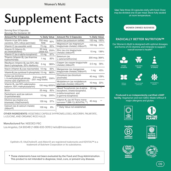 Needed. Multivitamin for Women with 23 Vitamins Minerals and Antioxidants - Daily Womens Multivitamin - Vitamin B12 B6 D3 Choline Calcium Biotin Magnesium Folate and More Citrus Scented