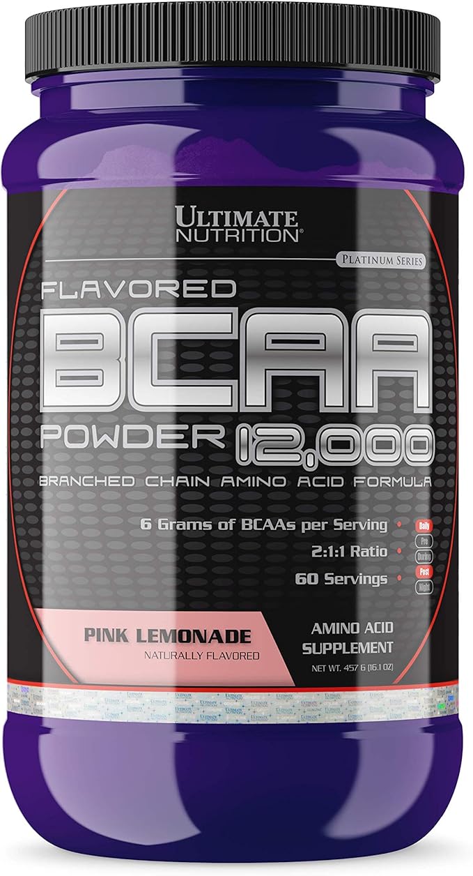 Ultimate Nutrition Flavored BCAA Powder 12000 Post Workout Recovery Drink Amino Acid with Leucine Valine and Isoleucine-Pink Lemonade 60 Servings
