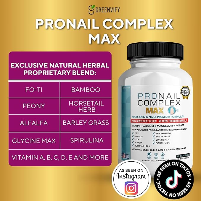 ProNail Complex Max Hair Skin &amp Nails Premium Supplement with Biotin &amp Herbal Blend 60 Capsules 30 Day Supply (2)