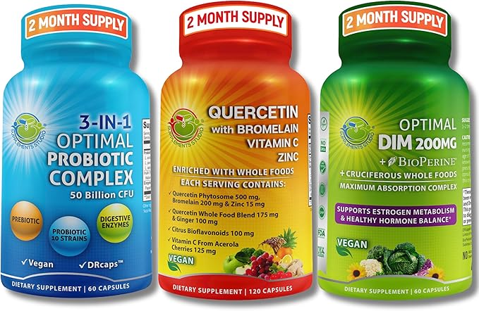 Vegan Hormonal Immune &amp Gut Health Support Bundle – Quercetin 500mg with Bromelain Zinc &amp Vitamin C + DIM 200mg with BioPerine® + 3-in-1 Probiotic 50 Billion CFU with Digestive Enzymes &amp