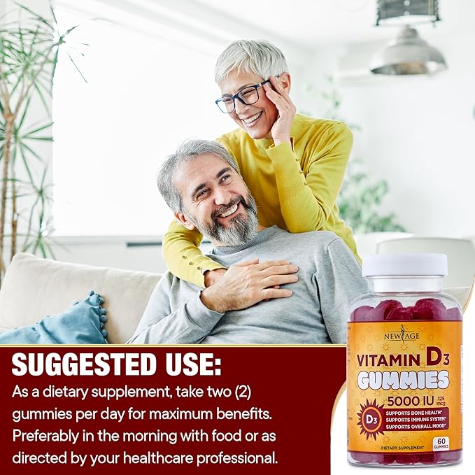 NEW AGE Vitamin D3 5000 IU 125mcg Gummies - Immune Supplement - Non-GMO Gluten-Free Dairy-Free No Gelatin (60 Gummies (Pack of 1))