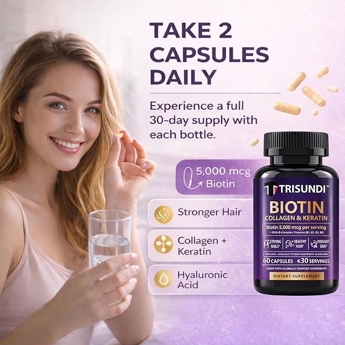 Biotin 5000 mcg Capsules with Collagen &amp Keratin B-Complex Vitamins B1 B2 B3 B5 B6 B12 Hair Skin Nail Support Formula 60 Capsules