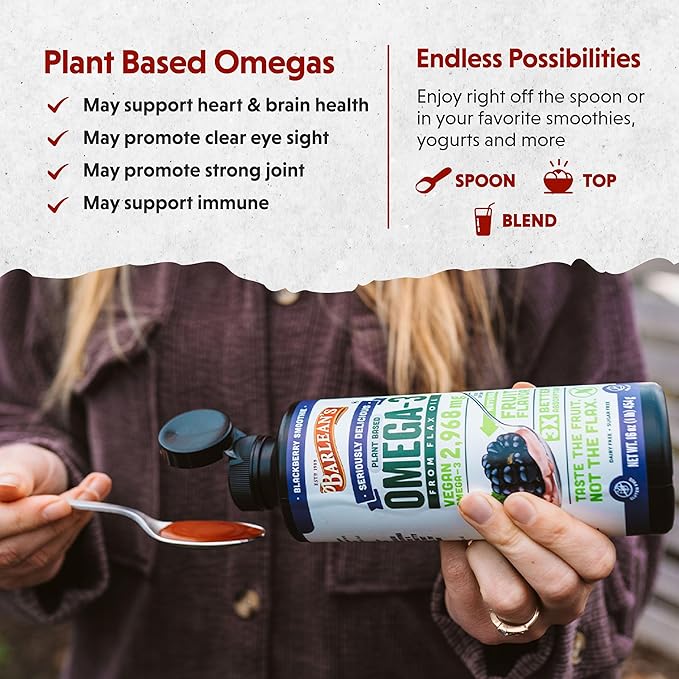 Barlean's Vegan Omega 3 6 9 Flaxseed Oil Liquid Supplement BlackBerry Smoothie Flax Seed Oil 2968 mg ALA Fatty Acid Non-GMO and Gluten Free 16 oz