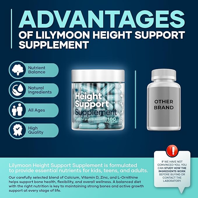 Height &amp Bone Support Supplement - Premium Height Growth Supplement for Kids &amp Teens with Calcium - Nutritional Support Bone Health Formula - Height Increase Essential Vitamins - 180 Caps