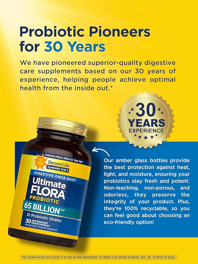 Renew Life Digestive Ultimate Flora Probiotics 65000000000 CFU Delayed Release Vegan Capsules | Once Daily | Digestive Health | Immune Health | Dairy Free | 30 Count