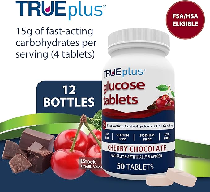 TRUEplus Glucose Tablets Chewable Cherry Chocolate Flavor 15g Fast-Acting Carbohydrates Dye Free Gluten Free No Fat Raise Low Blood Sugar and Boost Energy 50 Count 12 Bottles