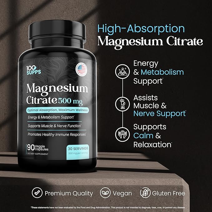 Magnesium Citrate 500mg – 90 Capsules | 30-Day Supply | High Absorption Magnesium for Muscle Nerve &amp Energy Support | Vegan Gluten-Free Non-GMO | Made in USA
