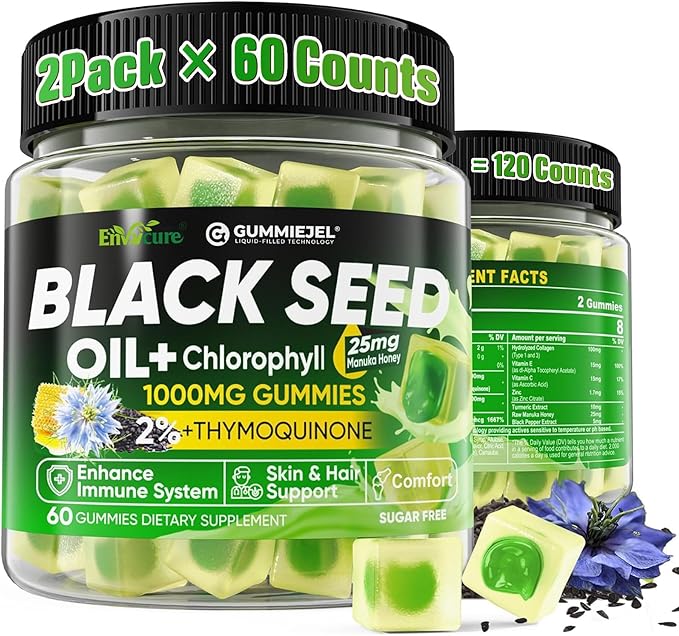 Black Seed Oil Gummies &amp Chlorophyll Biotin 500mcg with Hydrolyzed Collagen Raw Manuka Honey Organic Cold Pressed - Ultimate Absorption for Skin Hair &amp Nails Digestive Overall Health2 P