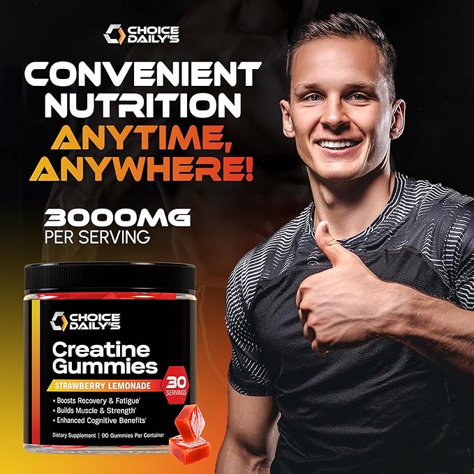 Creatine Gummies - 90 Vegan Friendly Chews - USA Made - Boosts Recovery - Builds Muscle - Enhanced Cognitive Benefits (Large Strawberry Lemonade)