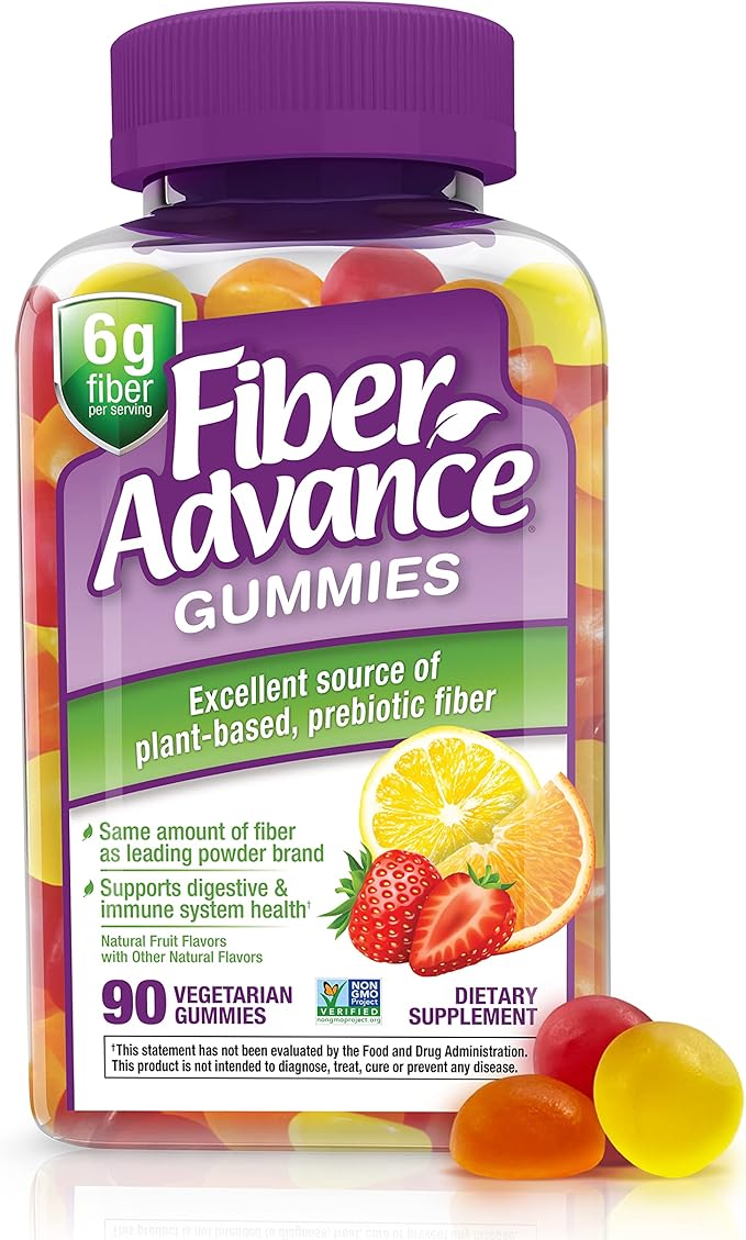 Fiber Advance Gummies | 100% Plant Based Fiber Supplement for Digestive Health | Chicory Root Inulin Prebiotic Gummies for Adults | Gluten Free Vegetarian &amp Non-GMO 90 Count