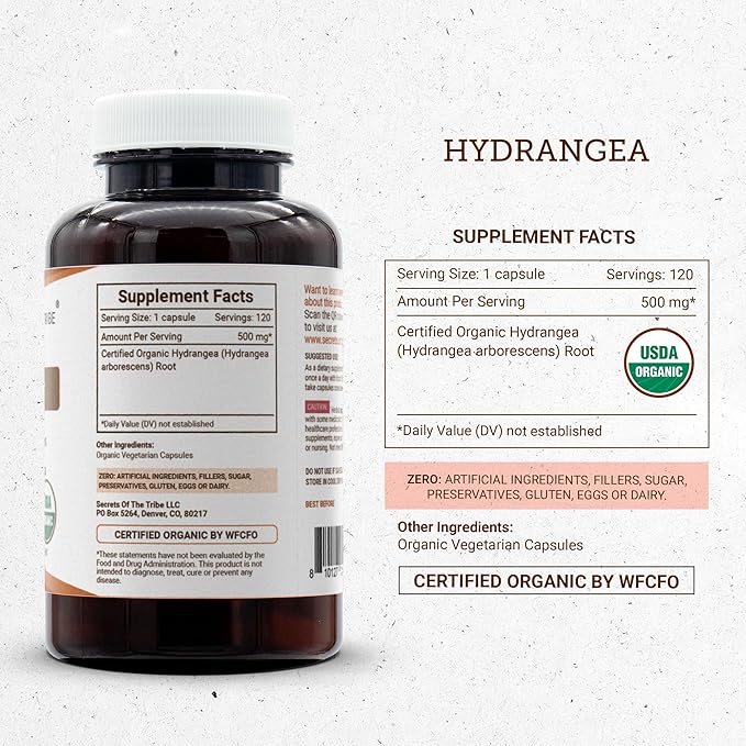 Secrets of the Tribe Hydrangea USDA Organic Capsules | Certified Organic Vegetarian Capsules Herbal Dietary Supplement | Hydrangea arborescens Dried Root (120 Count)