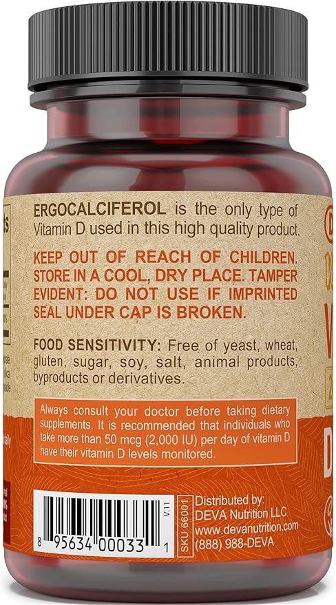 DEVA Vegan Vitamin D2 60 mcg 2400 IU Ergocalciferol Supplement with No Animal Ingredients 90 Tablets (Pack of 3)