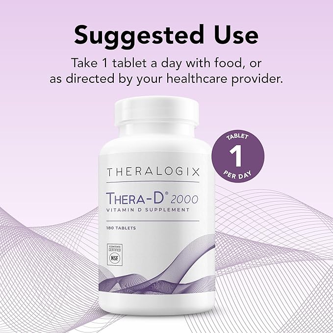 Theralogix Thera-D 2000 Vitamin D Supplement - 2000 IU (50 mcg) Vitamin D3 Tablets - 180-Day Supply - Immune Support Supplement for Women &amp Men - Aids Bone &amp Heart Health - NSF Certified -180