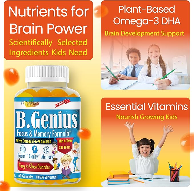 B.Genius Focus Gummies for Kids &amp Teens – Kids Focus and Attention Supplements – Memory &amp Concentration –Plant-Based Focus Supplement for Clarity Learning &amp Cognitive Health-60ct