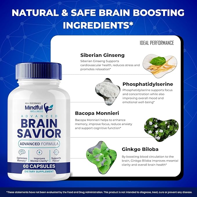 Brain Savior Brain Supplements for Memory and Focus Capsules BrainSavior Advanced Formula Brain Health Support - Maximum Strength Nootropics Brain-Savior All Natural Support Reviews (5 Pack)