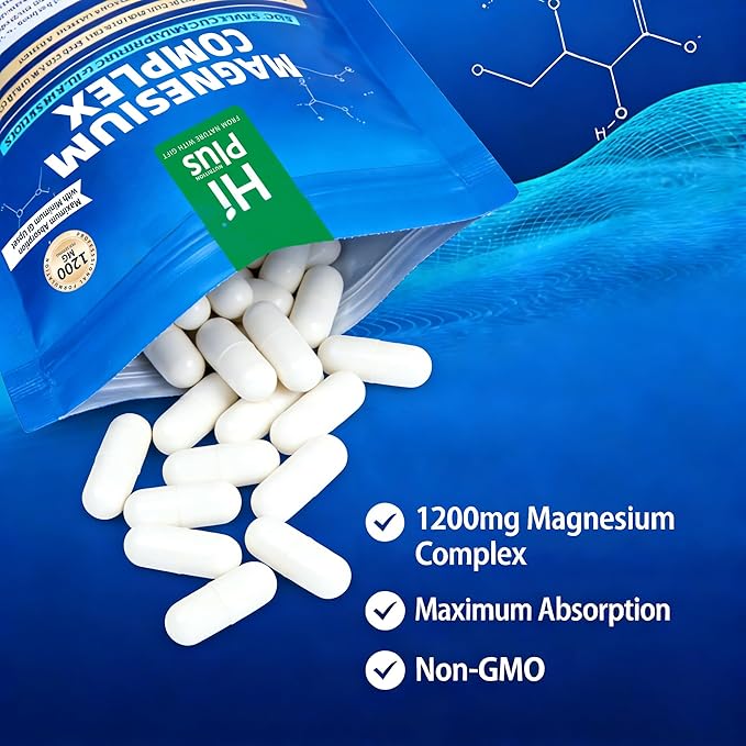 Magnesium Complex Supplement with 10 Forms of Elemental Magnesium 1200 mg per Serving Magnesium Glycinate Citrate Malate &amp Taurate High Absorption Vegan Capsules Non-GMO