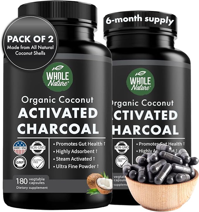 Coconut Activated Charcoal Capsules 180 Charcoal Capsules Teeth Whitening Helps Constipation Bloating Stomach Gas Heartburn Pure Coconut Derived Supplement (2)