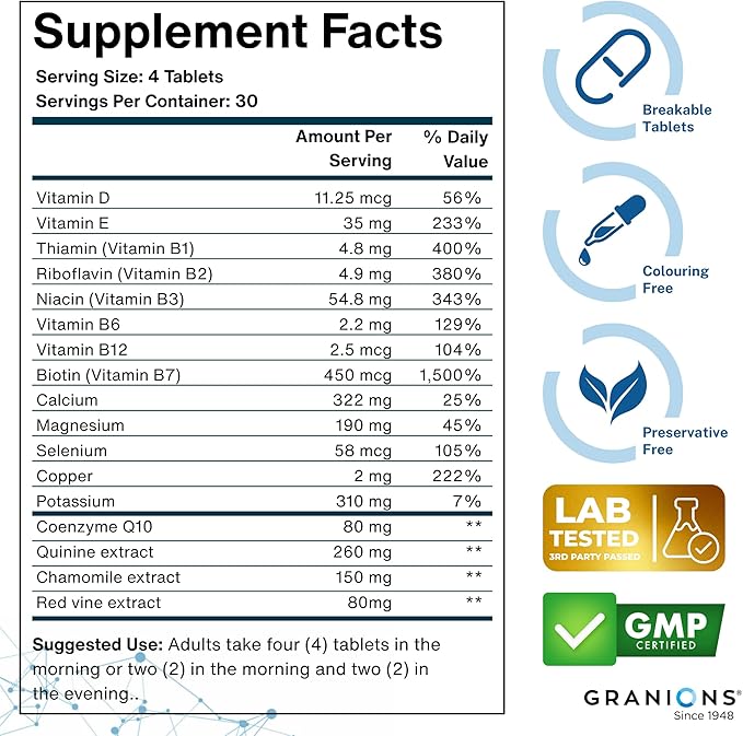 Granions Advanced Muscle Comfort - Natural Muscle Relaxer Pills Support - Quinine Magnesium Potassium B Vitamins Chamomile CoQ10 - Immediate Muscle Relaxation and Comfort - 120 Tablet 30 Serving