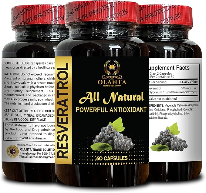 Trans-Resveratrol Complex | Antioxidant Power | Eye &amp Vision Support | Healthy Lifestyle &amp Cellular Energy Formula | 2 Bottles 120 Capsules